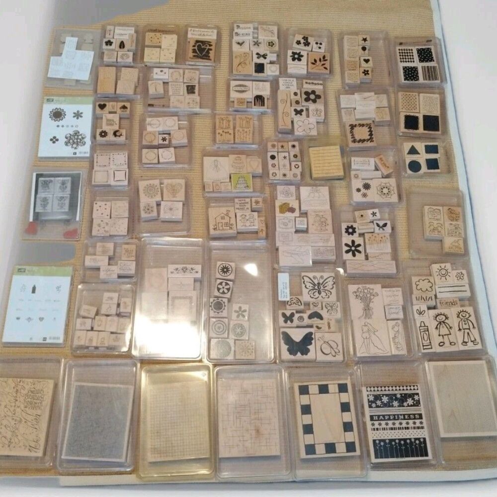 Stampin' Up! Wood Mount Rubber Stamps Lot 45 Cases Mixed Themes & Patterns